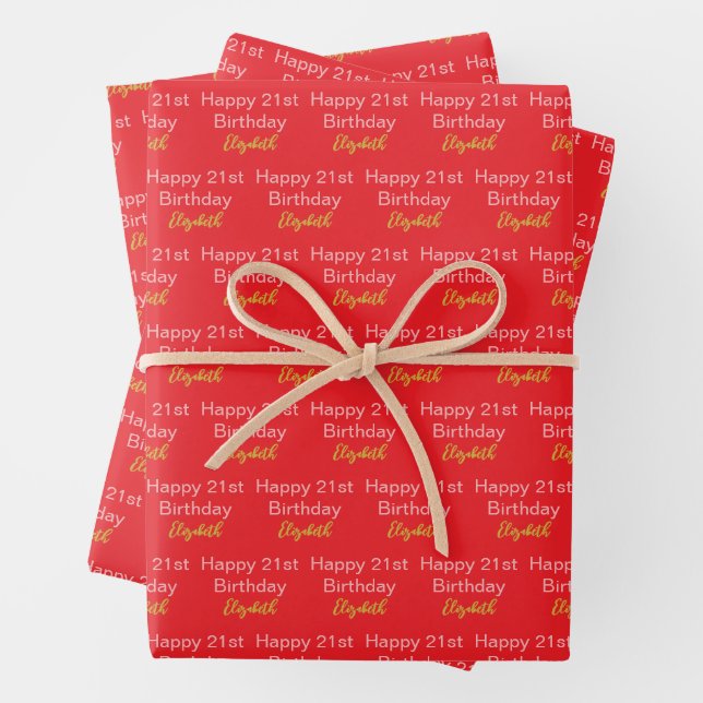 Happy 21st Birthday Script Name Bright Red Gold Wrapping Paper Sheet (In situ)