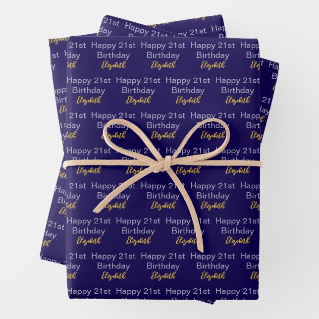 Happy 21st Birthday Script Name Dark Blue Gold Wrapping Paper Sheet (In situ)