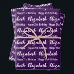 Happy 21st Birthday Script Name Dark Purple White Wrapping Paper Sheet<br><div class="desc">The sheets are dark purple. All of them have a text pattern for the recipient's name in a white script and the phrase Happy 21st Birthday. The name (Shown: Elizabeth) appears in an elegant white script. The other text is white. All of the text can be edited.</div>