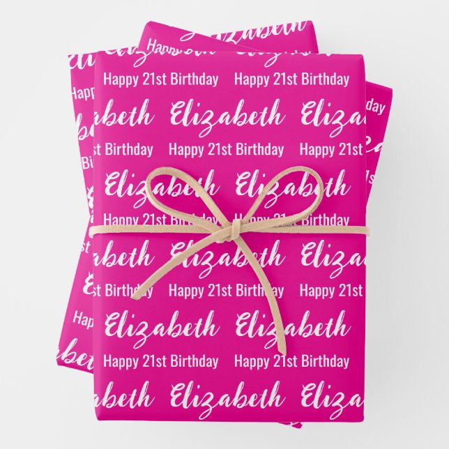Happy 21st Birthday Script Name Hot Pink and White Wrapping Paper Sheet (In situ)