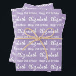 Happy 21st Birthday Script Name Pale Purple White Wrapping Paper Sheet<br><div class="desc">The sheets are pale purple. All of them have a text pattern for the recipient's name in a white script and the phrase Happy 21st Birthday. The name (Shown: Elizabeth) appears in an elegant white script. The other text is white. All of the text can be edited.</div>