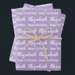 Happy 21st Birthday Script Name Pale Purple White Wrapping Paper Sheet<br><div class="desc">The sheets are pale purple. All of them have a text pattern for the recipient's name in a white script and the phrase Happy 21st Birthday. The name (Shown: Elizabeth) appears in an elegant white script. The other text is white. All of the text can be edited.</div>
