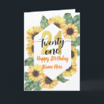 Happy 21st Birthday Sunflower Greeting Card<br><div class="desc">Fun,  cheerful,  elegant and colourful design birthday card. 
Get this cheerful card to celebrate your friend or family!
Theme: Sunflower,  Botanical.
Colours,  Yellow,  Faux Gold,  White.
Style: Elegant,  Boho,  Cheerful.
Graphics: Faux Gold Number,  Watercolor Sunflower.</div>