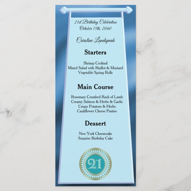 Happy 21st Birthday Teal Blue Glitter Foil  Menu (Front)