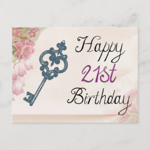 Happy 21st Birthday Victorian Floral Key Postcard