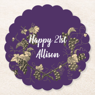 Happy 21st Birthday Vintage Grape Vine Celebration Paper Coaster