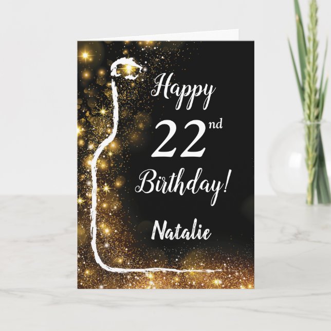 Happy 22nd Birthday Black and Gold Glitter Wine Card (Front)
