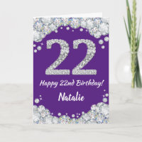 Happy 22nd Birthday Purple and Silver Glitter Card