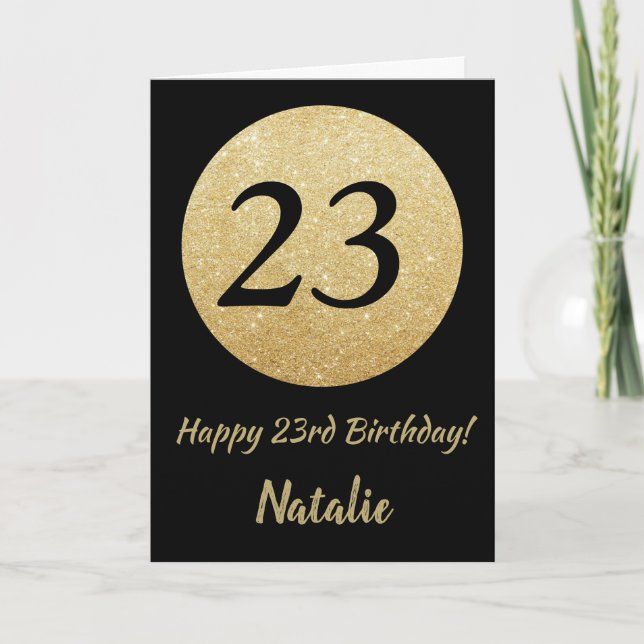 Happy 23rd Birthday Black and Gold Glitter Card (Front)