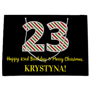Happy 23rd Birthday & Merry Christmas, Custom Name Large Gift Bag