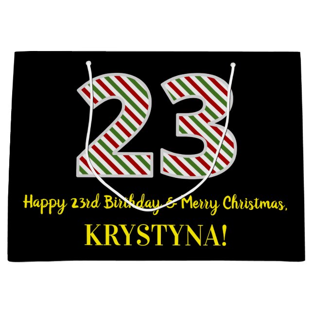 Happy 23rd Birthday & Merry Christmas, Custom Name Large Gift Bag (Front)