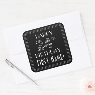 HAPPY 24TH BIRTHDAY; Art Deco Style; Custom Name Square Sticker