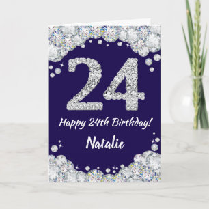 Happy 24th Birthday Navy Blue and Silver Glitter Card