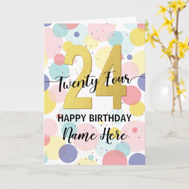 Happy 24th Birthday Pastel Rainbow Gold Woman Card (Yellow Flower)