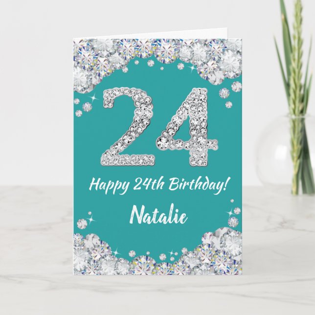 Happy 24th Birthday Teal and Silver Glitter Card (Front)