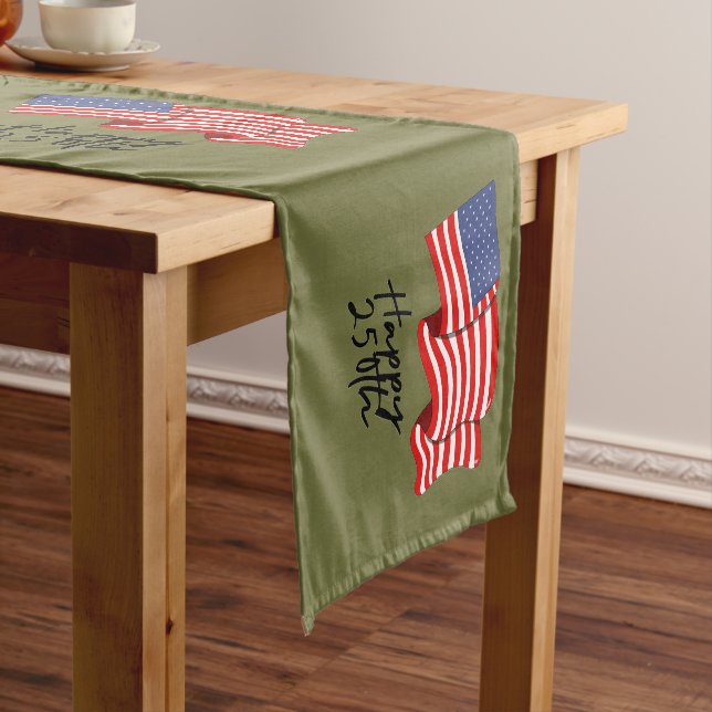 'Happy 250th' American Flag Black Script & Olive  Short Table Runner (In Situ)