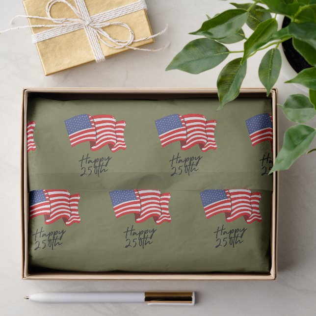 'Happy 250th' American Flag Black Script & Olive  Tissue Paper (Gift)
