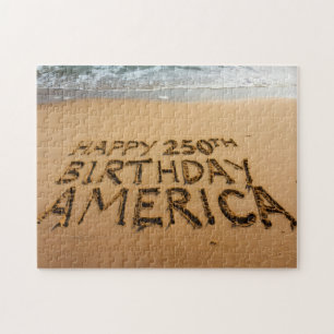 Happy 250th Birthday America Written in the Sand Jigsaw Puzzle
