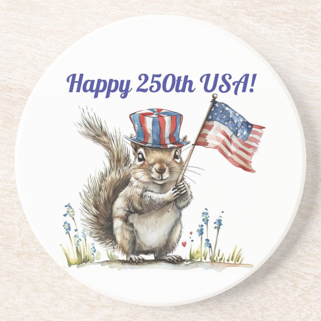 Happy 250th USA Squirrel Sandstone Coaster (Front)