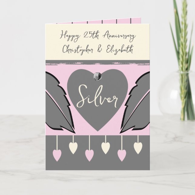 Happy 25th Anniversary add names grey pink Card (Front)