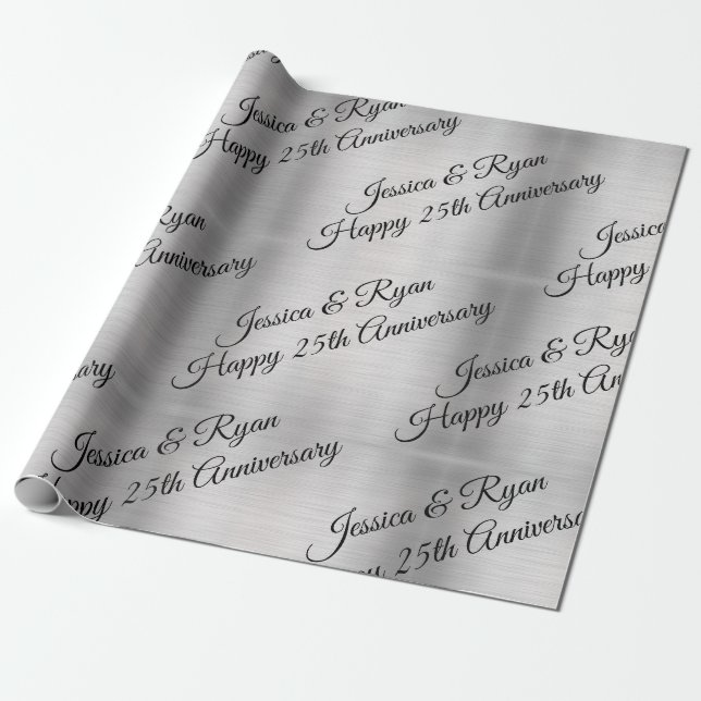 Happy 25th Anniversary DIY Names/Year Black Script Wrapping Paper (Unrolled)
