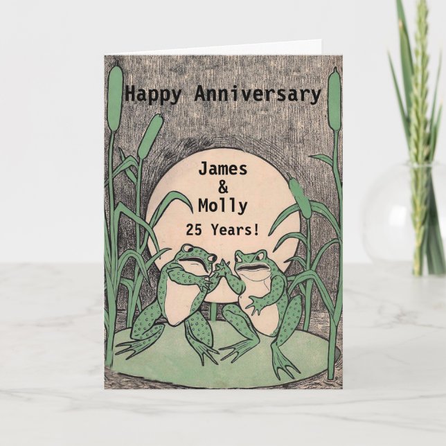 Happy 25th Anniversary Green Frogs Lily Pad Moon Card (Front)