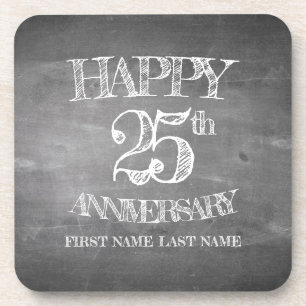 Happy 25th anniversary on chalk board coaster