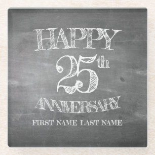 Happy 25th anniversary on chalk board glass coaster