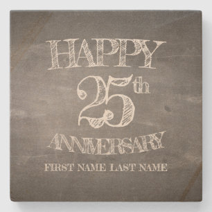 Happy 25th anniversary on chalk board stone coaster