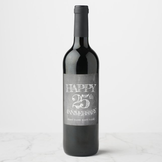 Happy 25th anniversary on chalk board wine label (Front)