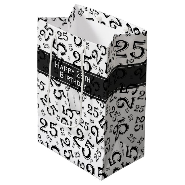  Happy 25th Birthday Black/White Number Pattern Medium Gift Bag (Front Angled)