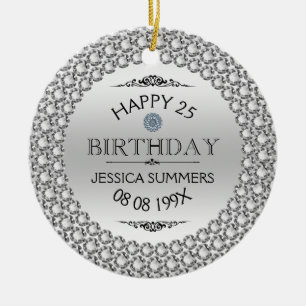 Happy 25th Birthday Diamonds & Silver Ceramic Ornament