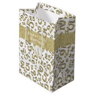  Happy 25th Birthday Gold Random Number Pattern Medium Gift Bag