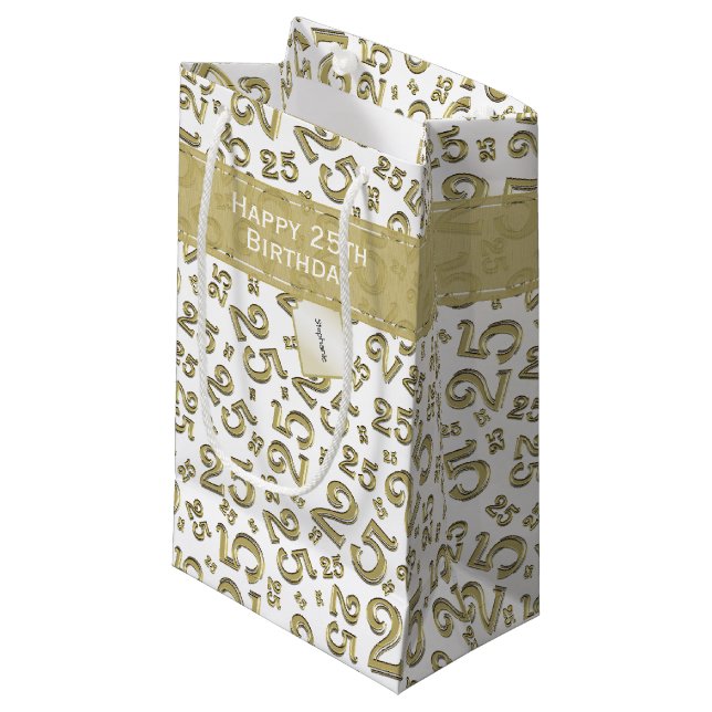  Happy 25th Birthday Gold Random Number Pattern Small Gift Bag (Front Angled)