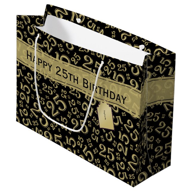Happy 25th Birthday Number Pattern Black & Gold Large Gift Bag (Front Angled)