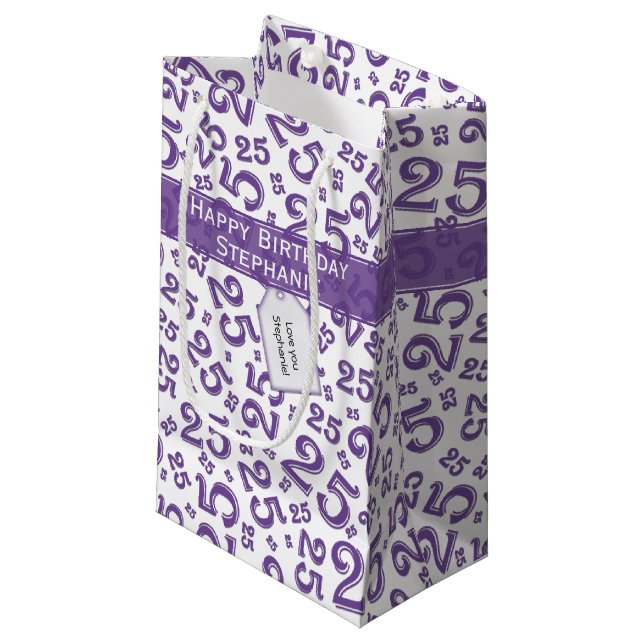 Happy 25th Birthday Random Number Pattern Purple Small Gift Bag (Front Angled)