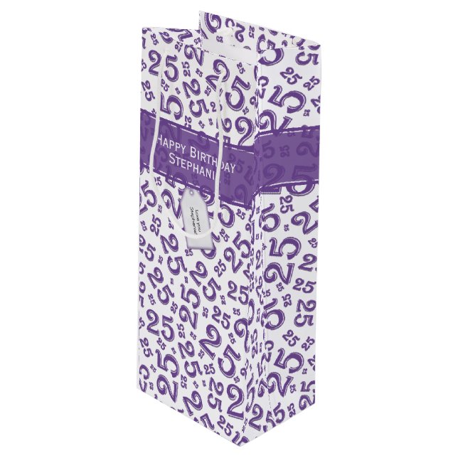Happy 25th Birthday Random Number Pattern Purple Wine Gift Bag (Front Angled)