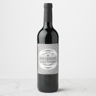 Happy 25th Birthday Silver & White Diamonds Print Wine Label