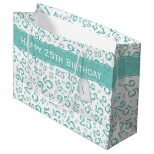  Happy 25th Birthday Teal Random Number Pattern Large Gift Bag