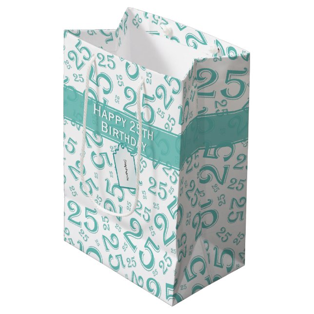  Happy 25th Birthday Teal Random Number Pattern Medium Gift Bag (Front Angled)