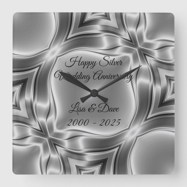 Happy 25th Silver Wedding Anniversary Square Wall Clock (Front)