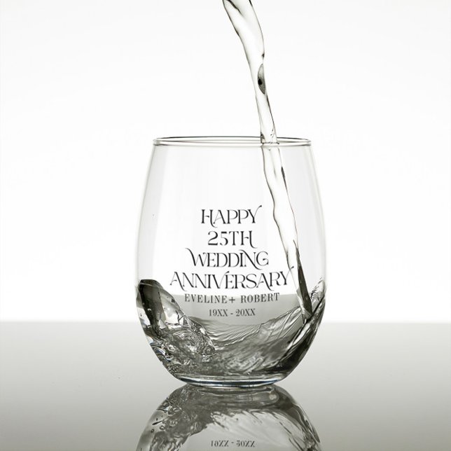 Happy 25th Wedding Anniversary Black Calligraphy Stemless Wine Glass (Creator Uploaded)