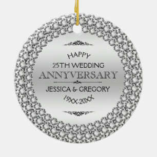 Happy 25th Wedding Anniversary Diamonds & Silver Ceramic Ornament