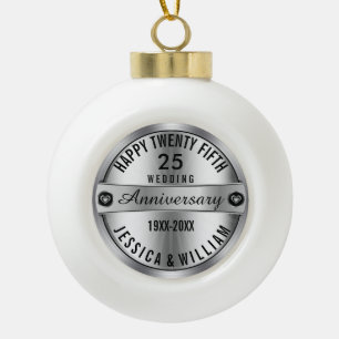 happy 25th Wedding Anniversary Silver & Diamonds Ceramic Ball Christmas Ornament
