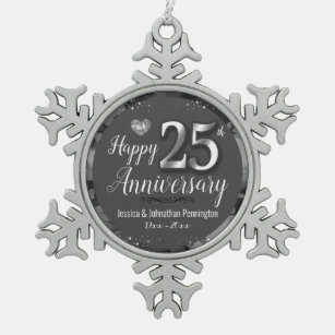 Happy 25th Wedding Anniversary Snowflake Pewter Christmas Ornament