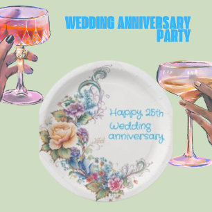 Happy 25th Wedding Script, Yellow Pink Wreath Paper Plate