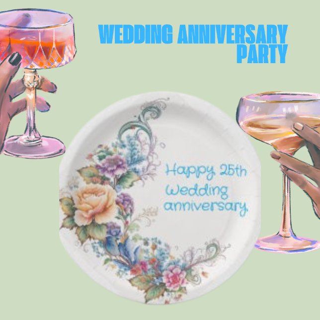 Happy 25th Wedding Script, Yellow Pink Wreath Paper Plate (Creator Uploaded)