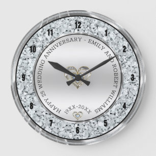 Happy 25th wedding universally diamonds and silver large clock