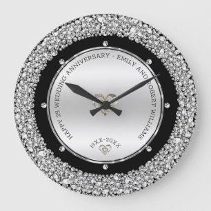 Happy 25th wedding universally diamonds and silver large clock