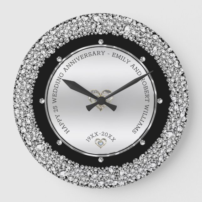 Happy 25th wedding universally diamonds and silver large clock (Front)
